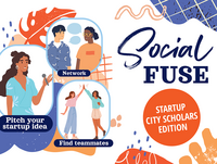 Illustrations of students pitching, networking and finding teammates with the text SocialFuse and Technology Entrepreneur Center