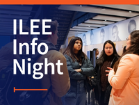Photo of students talking with a TEC staff member with the words "ILEE Info Night"