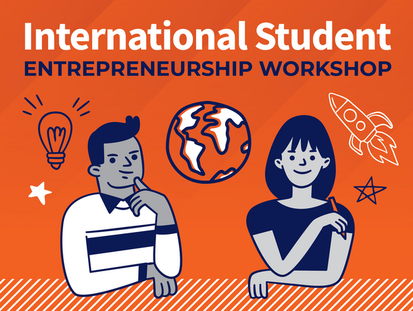 illustration of international students and entrepreneurship doodles