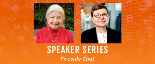 White text on orange background Speaker Series Fireside Chat, photos of Ruzena Bajcsy (left) and Klara Nahrstedt.